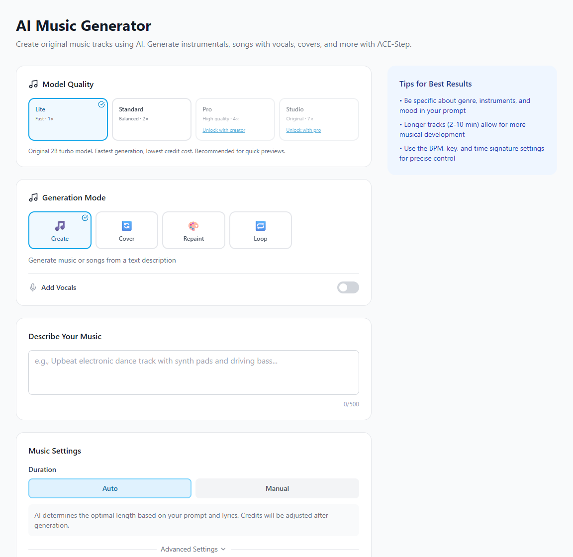 VMAI AI Music Generator screen showing model quality, generation mode, music description, and duration settings