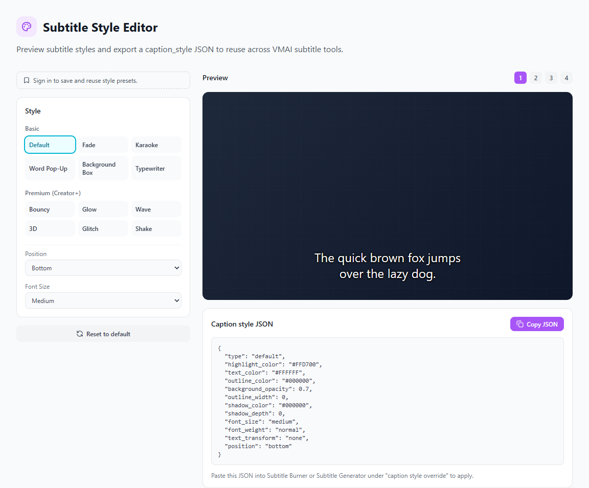 Subtitle Style Editor screen showing the style settings panel on the left and the preview plus JSON export area on the right