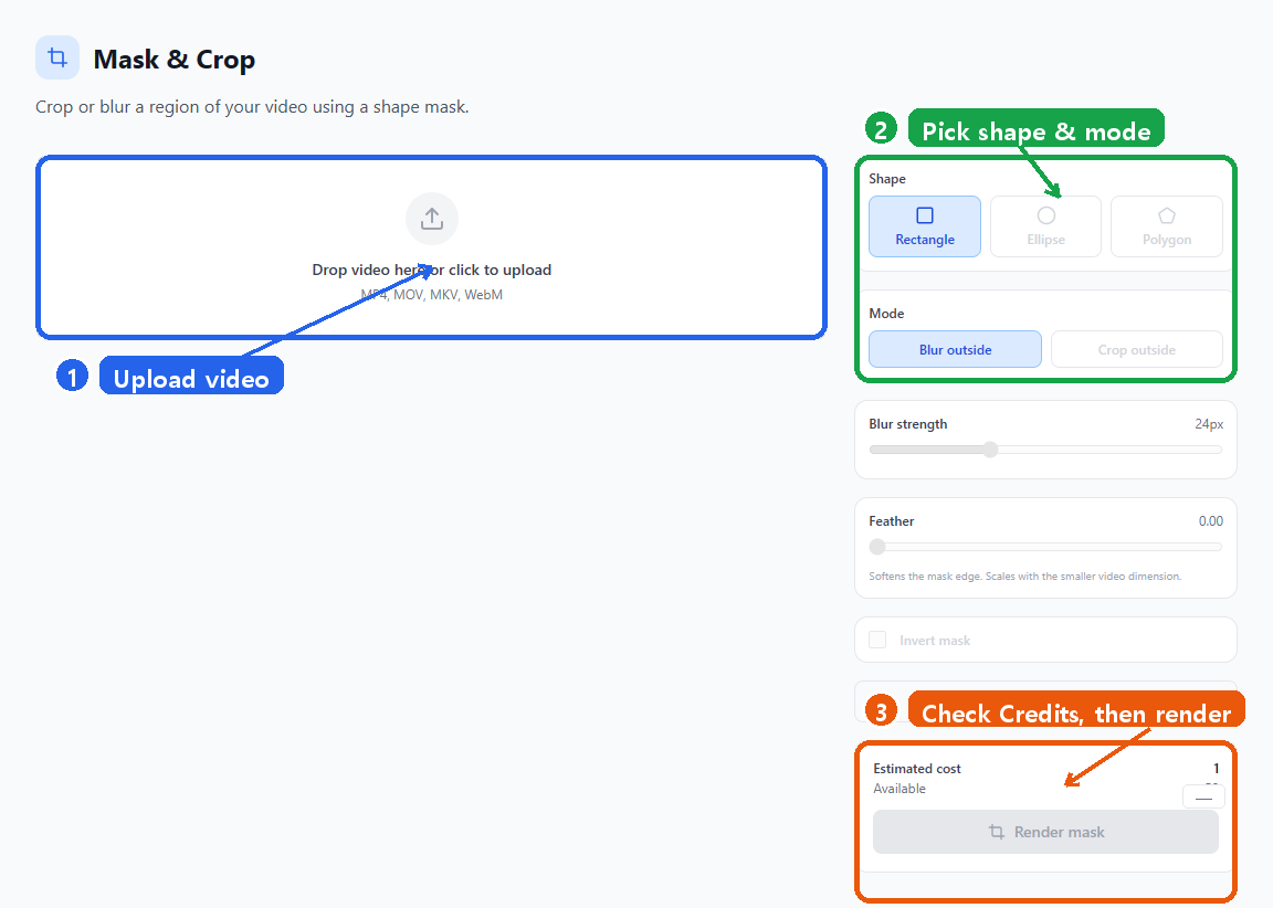 Real logged-in VMAI Mask & Crop editor screenshot annotated with upload, shape and mode selection, and the Credit check before rendering