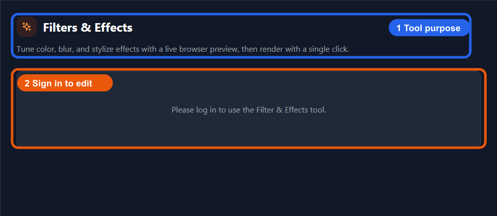 The real VMAI Filter Effects entry screen, with the tool purpose and sign-in notice highlighted.